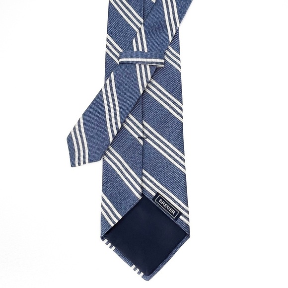 Breuer Men’s Necktie Silk & Cotton Chambray Blue & Cream Triple Striped Tie EUC - Picture 4 of 8